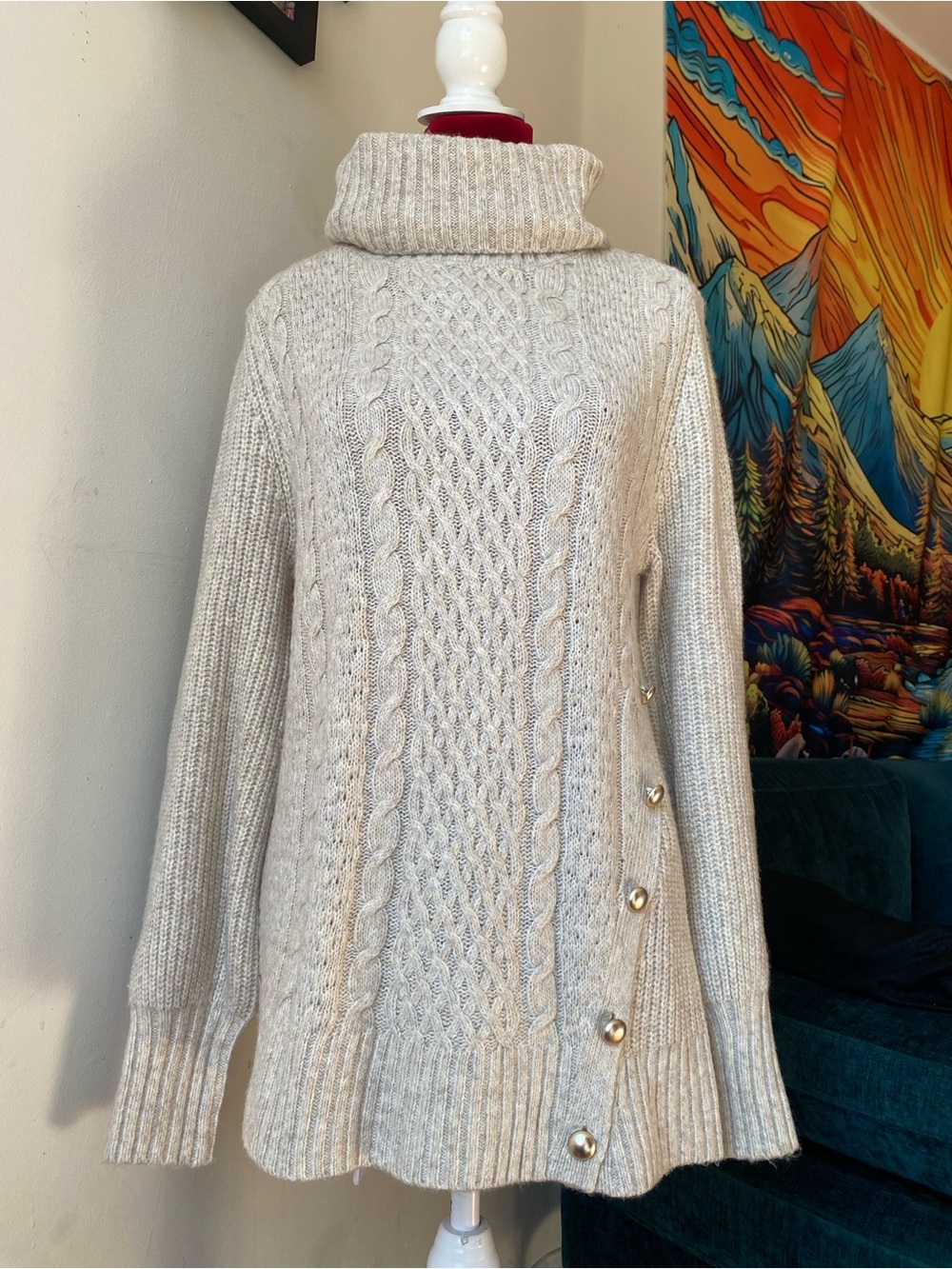 Liz Claiborne Cream Cable Knit Turtleneck Sweater with Side Buttons
